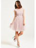Blush Pink Chiffon Tulle Cap Sleeves Short Prom Dress